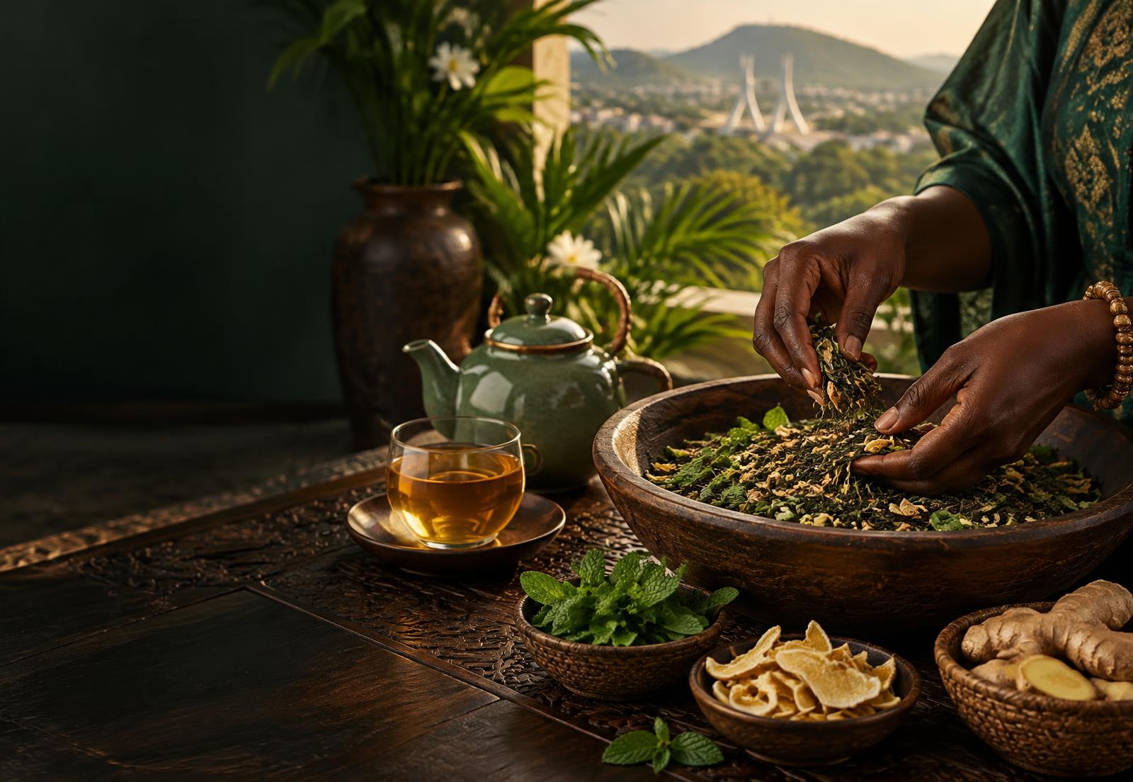 Tea artisan blending herbs, mint and ginger