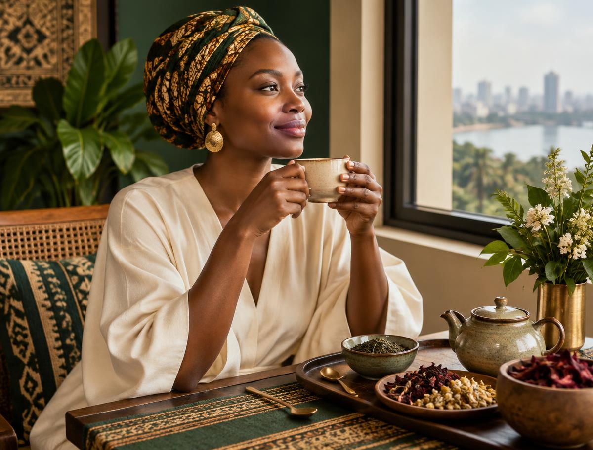A woman enjoying a thoughtful African tea moment